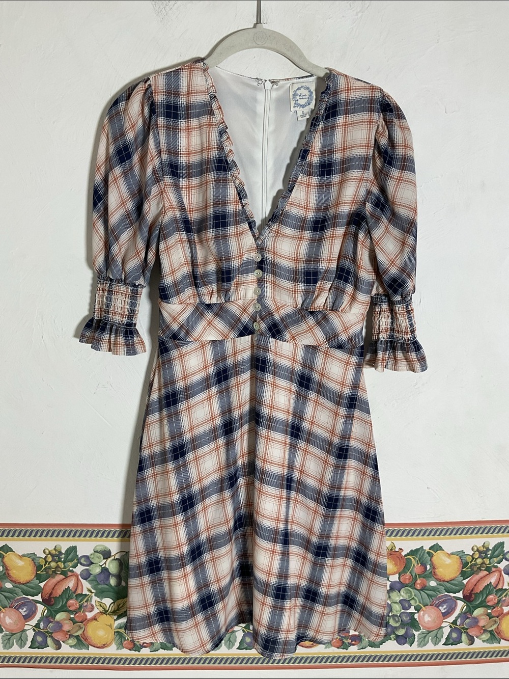 Blue Rain Francesca’s Priella Plaid V-Neck Ruffle Mini Dress Size S Navy Rust